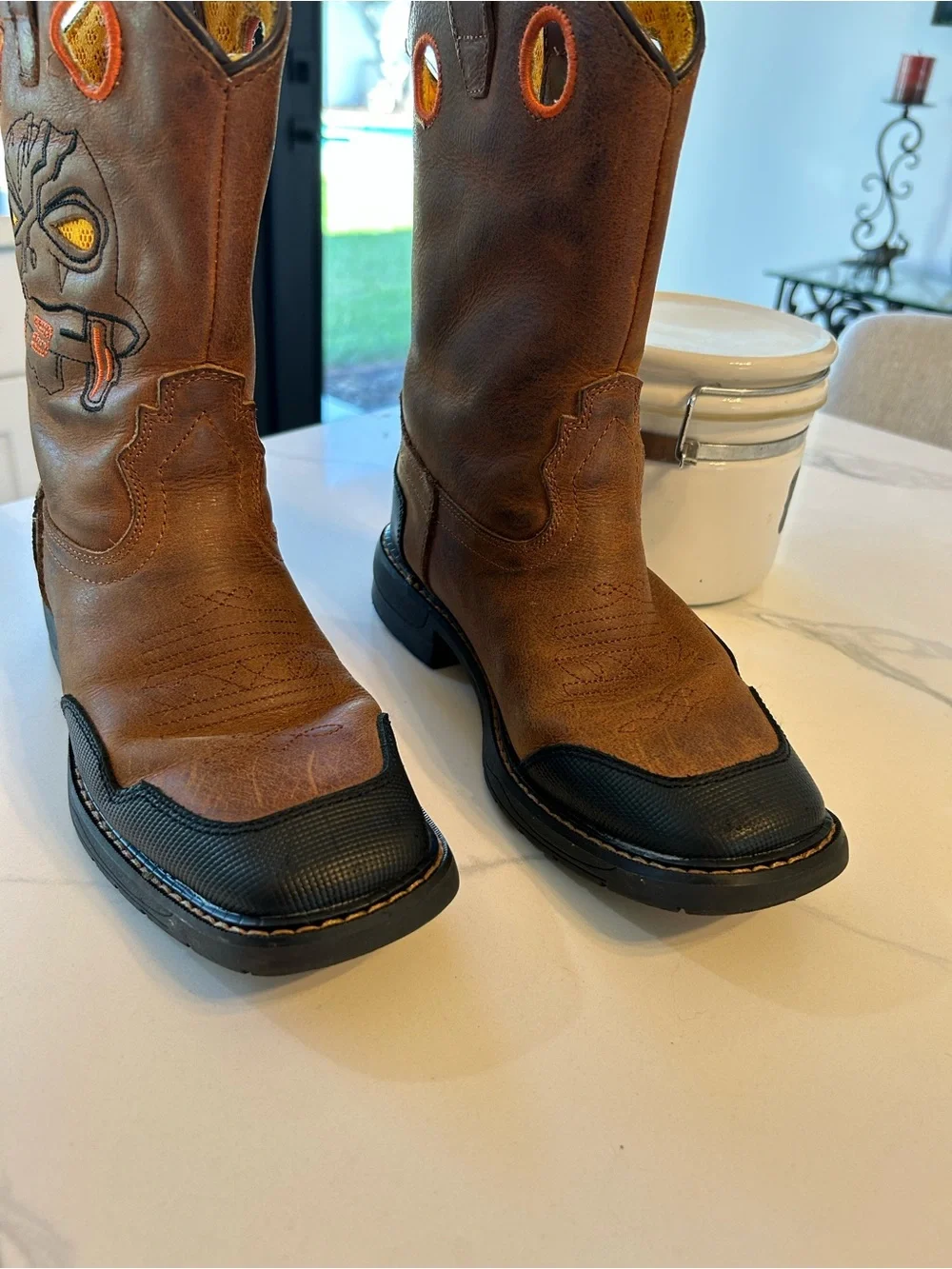 Boys Cody James Brown Leather Work Boots with Orange Accent. Sz 4D